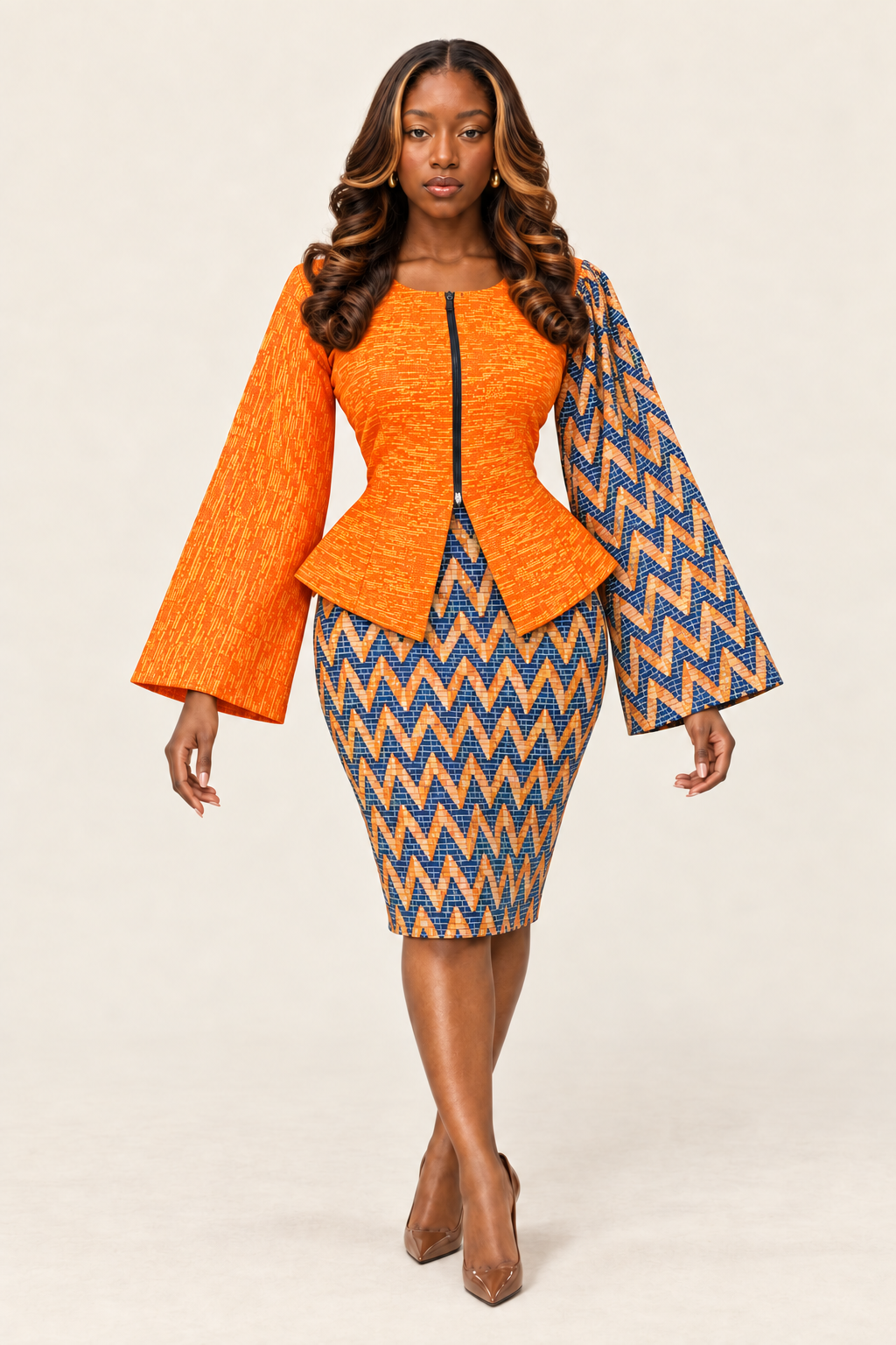 Model wearing the Efe Set on a plain warm-ivory background