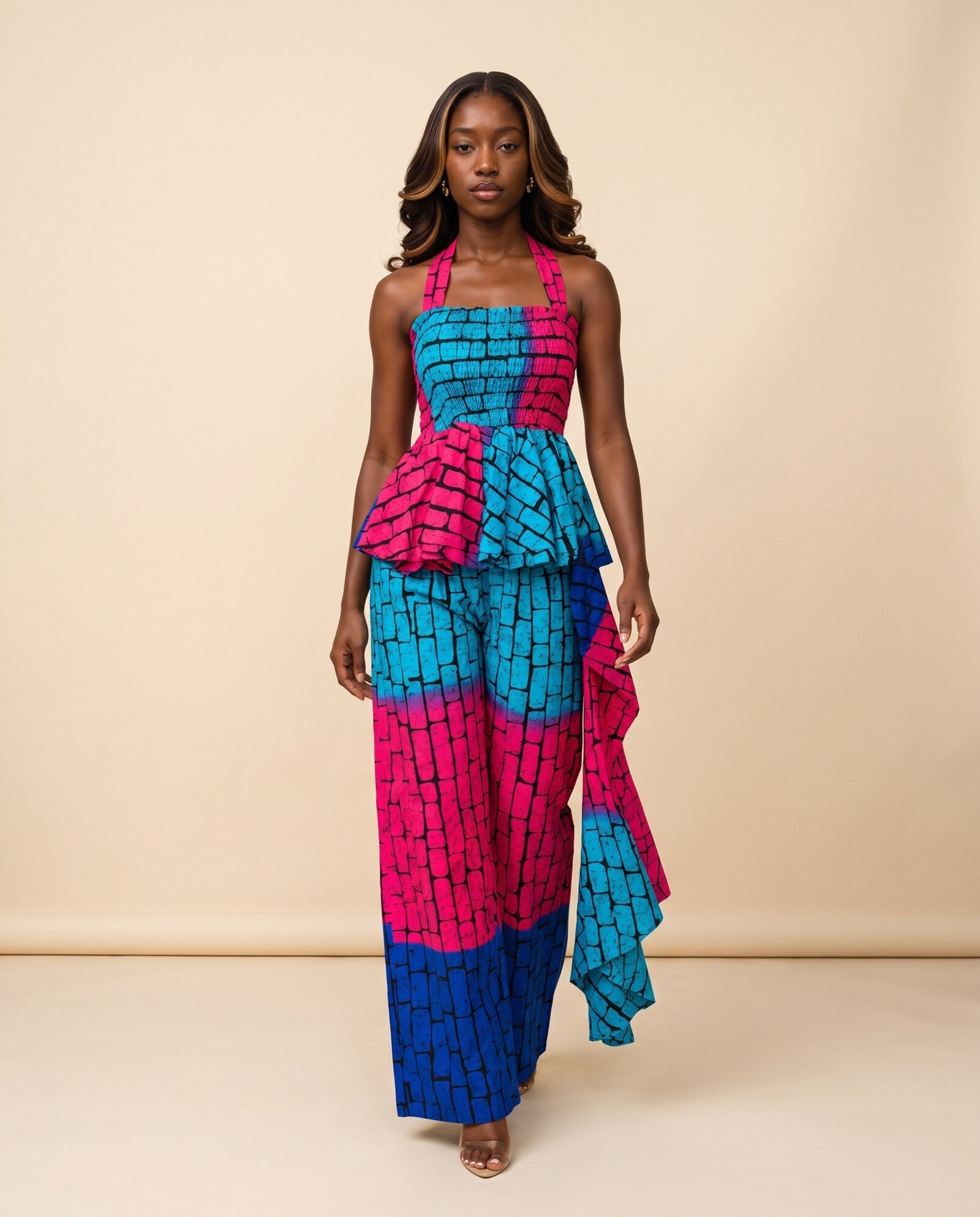 Model wearing the Onome Set in pink and blue print